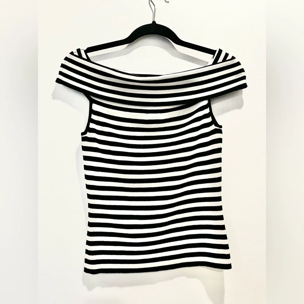 Danier Black White  Striped y2k Off the Shoulder Stretch Short Sleeve Blouse Top - Picture 3 of 5